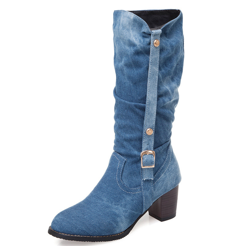 New casual cloth high-heeled middle boots-Blue