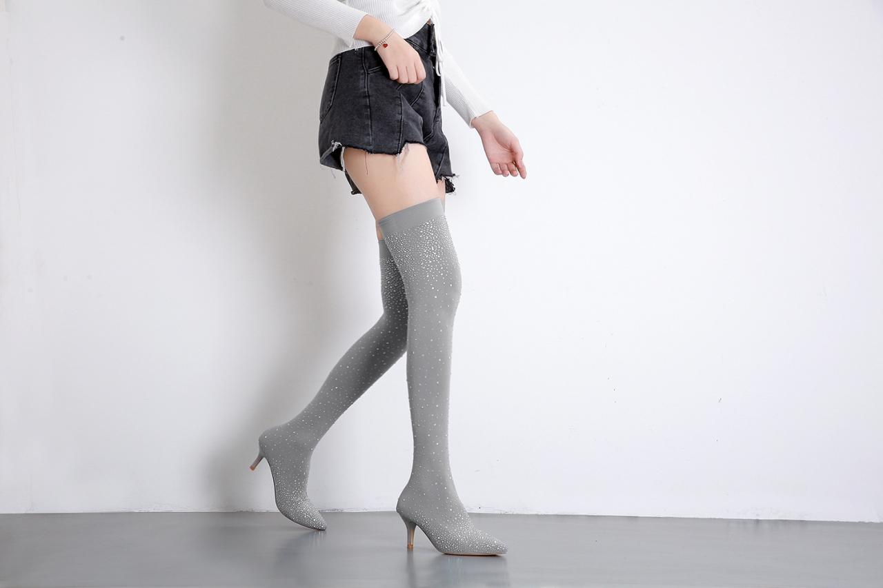 Rhinestone Thin Heel Thin Knee High Boots-gray