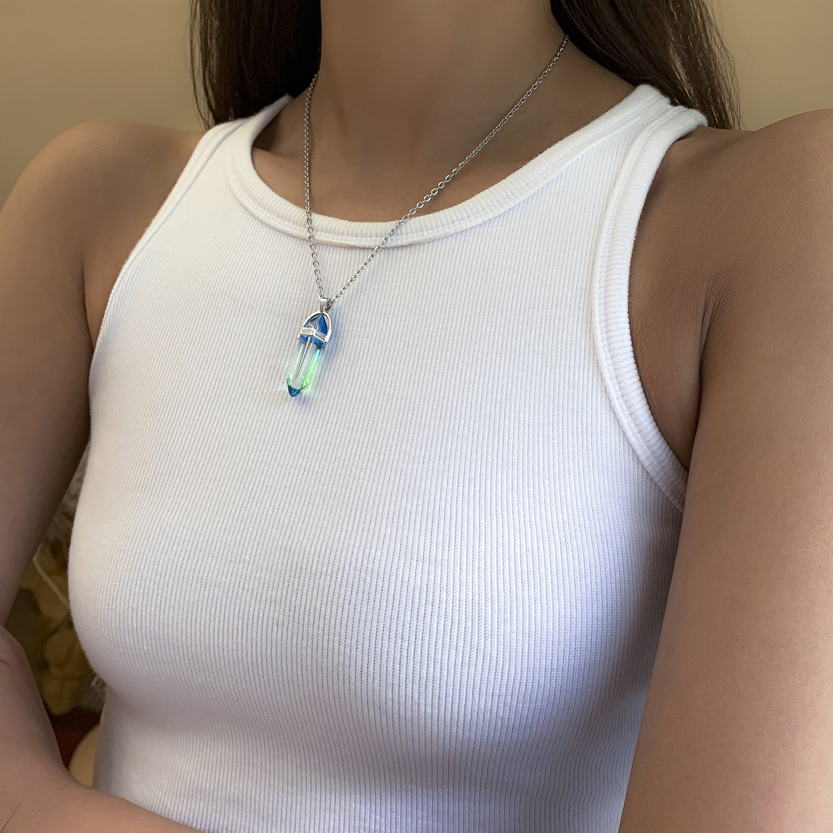 Hip Hop Metal Chain Single Layer Necklace Ins Simple Laser Turquoise Imitation Crystal Necklace-18