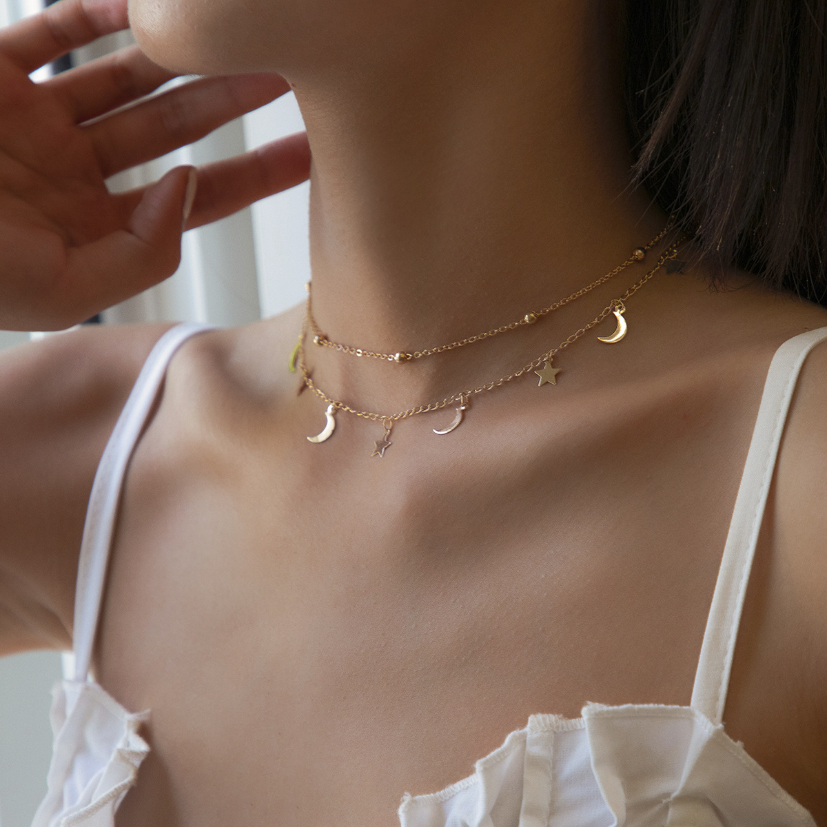 Fashion Star Moon Tassel Fine Chain Necklace Vintage Metal Copper Necklace-golden