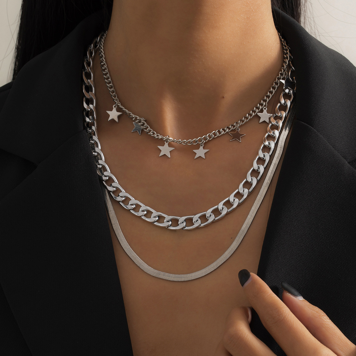 Geometric Chain Neck Chain Hip Hop Snake Bone Chain Fashion Star Necklace-silvery