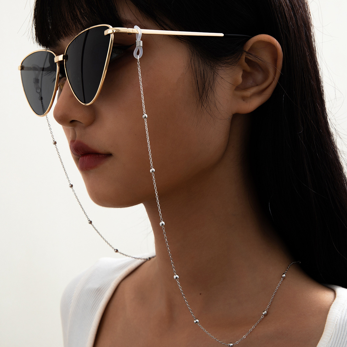 Imitation Pearl Round Bead Glasses Chain Cold Air Metal Chain Mask Chain-silvery