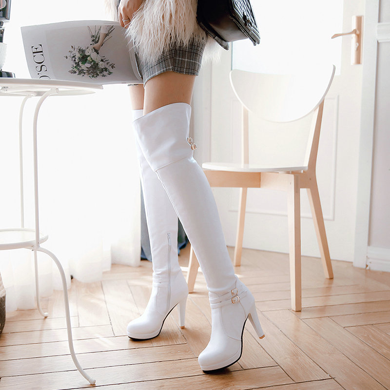 Autumn And Winter High Heeled Knight Boots Thick Heeled Knee Boots-white