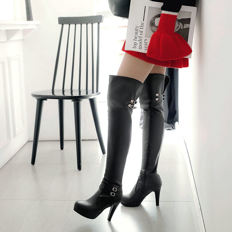 Autumn And Winter High Heeled Knight Boots Thick Heeled Knee Boots-black