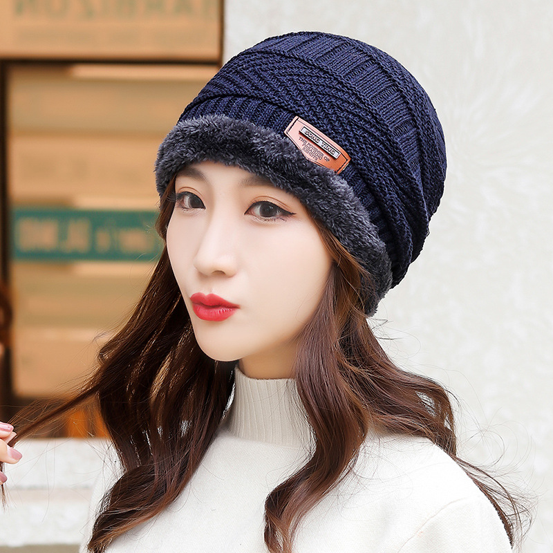 Men's And Women's Winter Thickened Plush Knitted Cotton Hat Cycling Cold Proof Wool Hat Damp Warm Korean Outdoor Hat-navy Blue