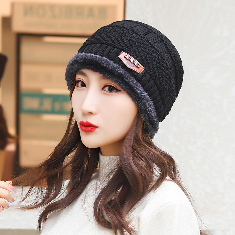 Men's And Women's Winter Thickened Plush Knitted Cotton Hat Cycling Cold Proof Wool Hat Damp Warm Korean Outdoor Hat-black