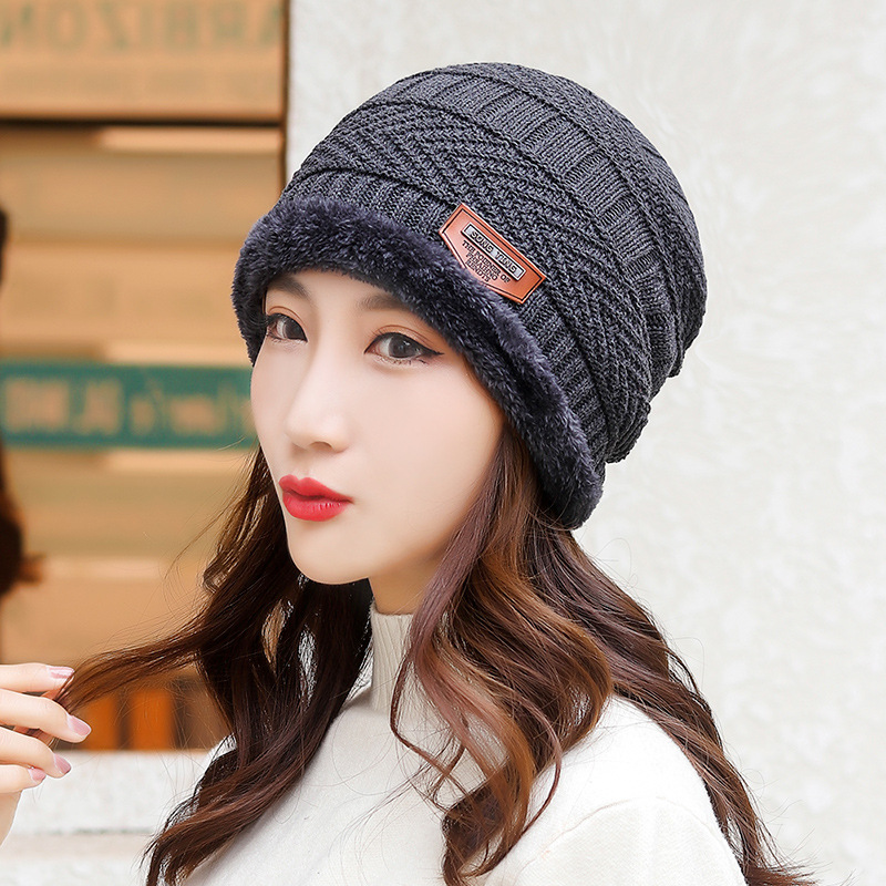 Men's And Women's Winter Thickened Plush Knitted Cotton Hat Cycling Cold Proof Wool Hat Damp Warm Korean Outdoor Hat-gray