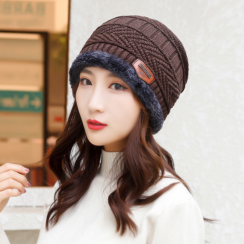Men's And Women's Winter Thickened Plush Knitted Cotton Hat Cycling Cold Proof Wool Hat Damp Warm Korean Outdoor Hat-coffee