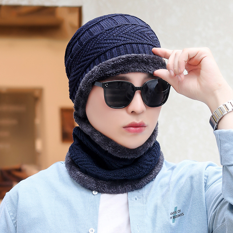 Men's And Women's Winter Thickened Plush Knitted Cotton Hat Cycling Cold Proof Wool Hat Damp Warm Korean Outdoor Hat-navy