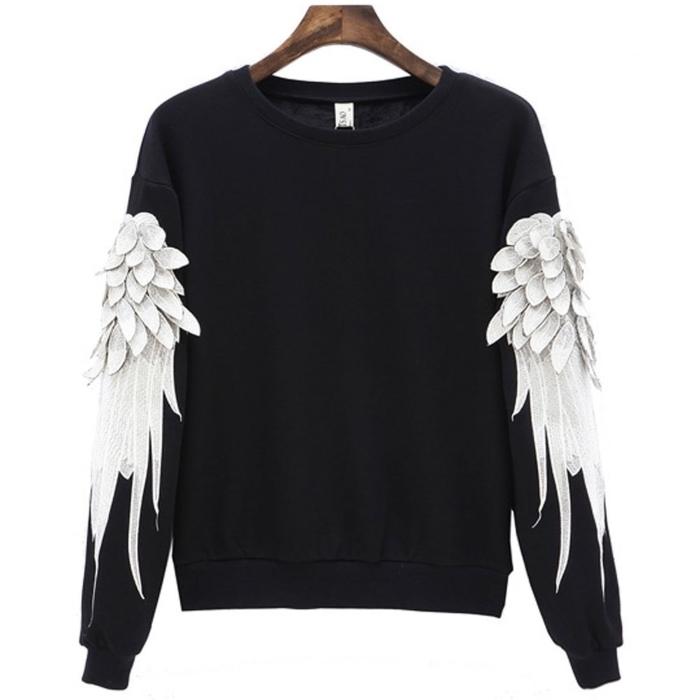 Autumn And Winter Wings Three-dimensional Feather Embroidery Sports Sweater-black+white Wing