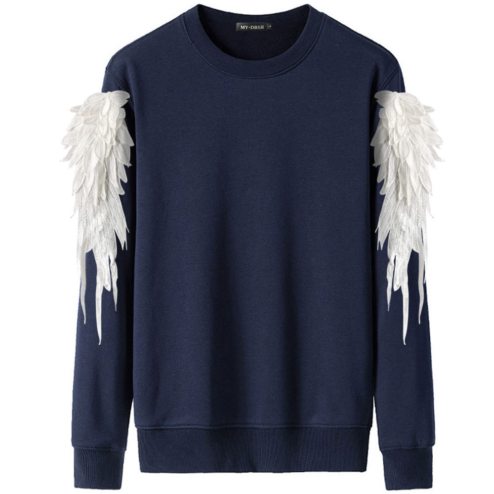 Autumn And Winter Wings Three-dimensional Feather Embroidery Sports Sweater-navy Blue+white Wing