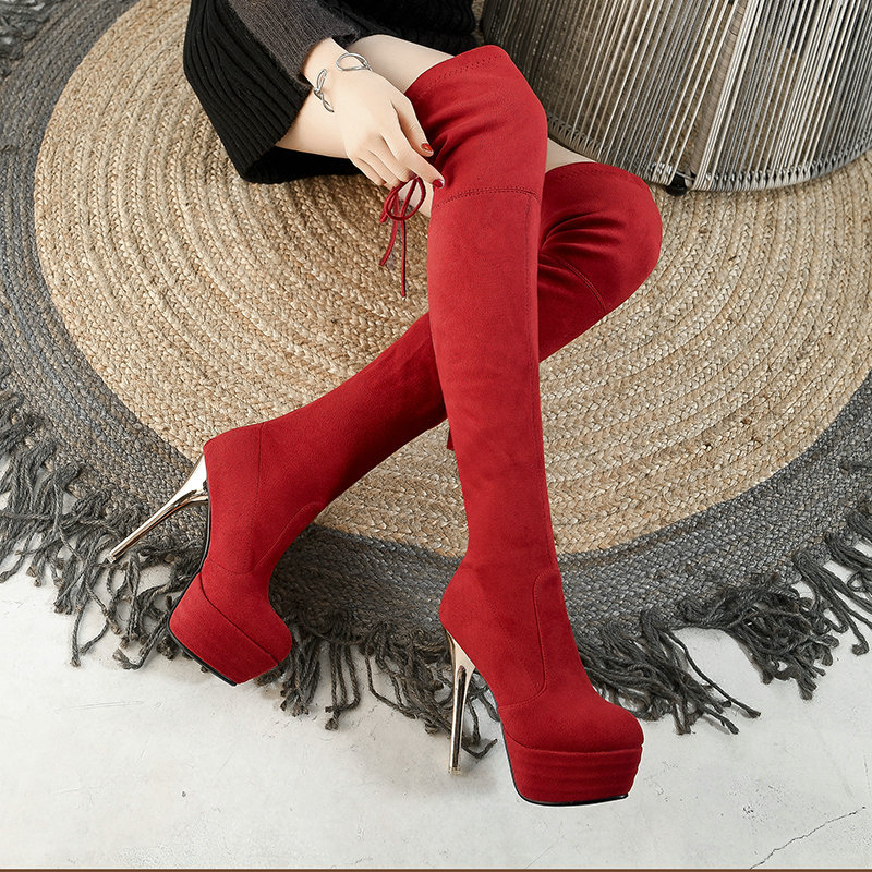 Autumn And Winter Lace Up Knee Boots Black Slim Elastic Boots Super High Heel Waterproof Platform High Boots-red