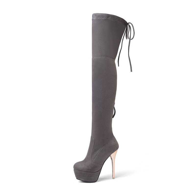 Autumn And Winter Lace Up Knee Boots Black Slim Elastic Boots Super High Heel Waterproof Platform High Boots-dark Gray