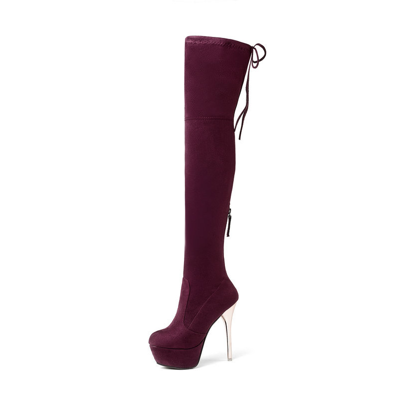 Autumn And Winter Lace Up Knee Boots Black Slim Elastic Boots Super High Heel Waterproof Platform High Boots-wine Red