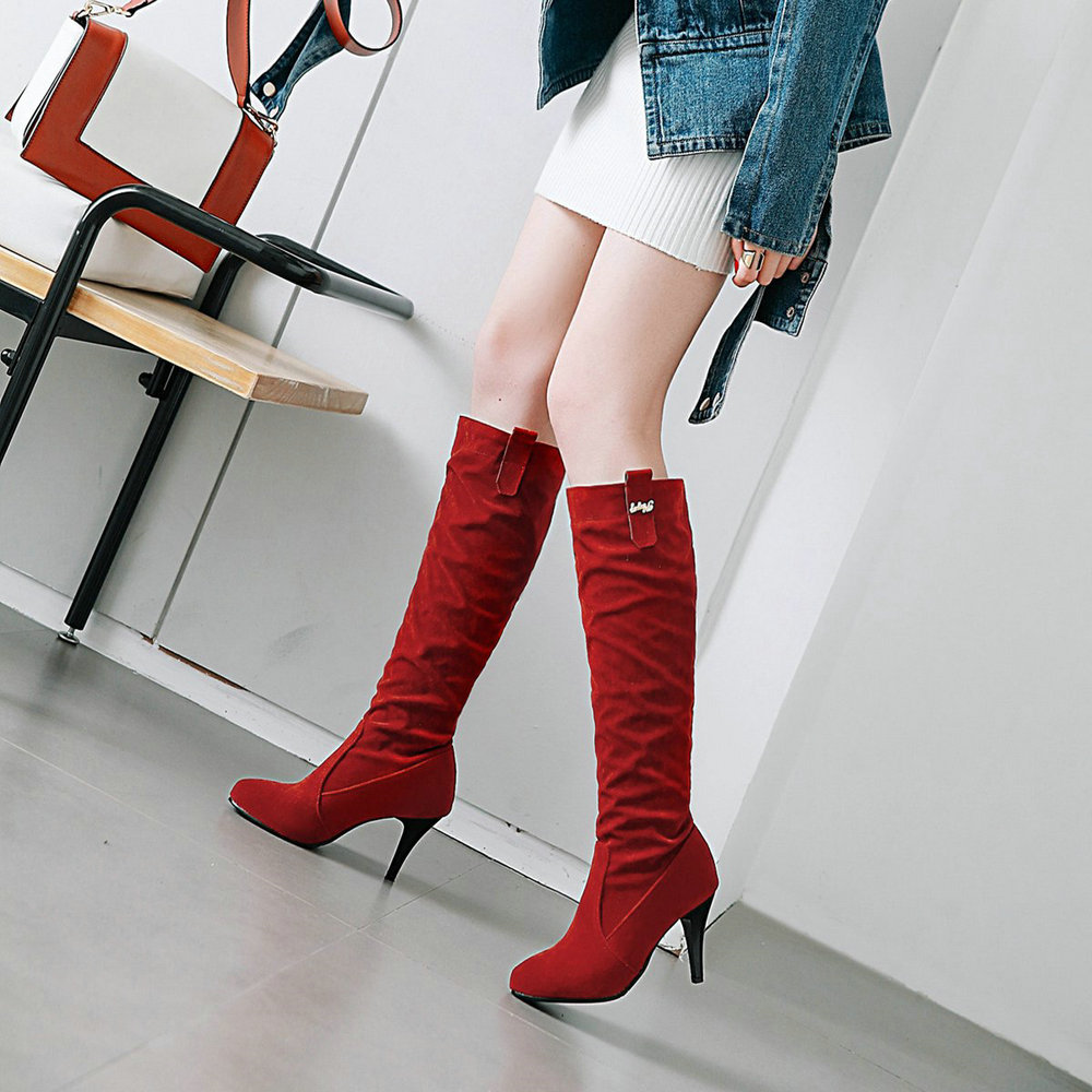 Red Autumn And Winter Suede High Heel Pointed Knee High Boots