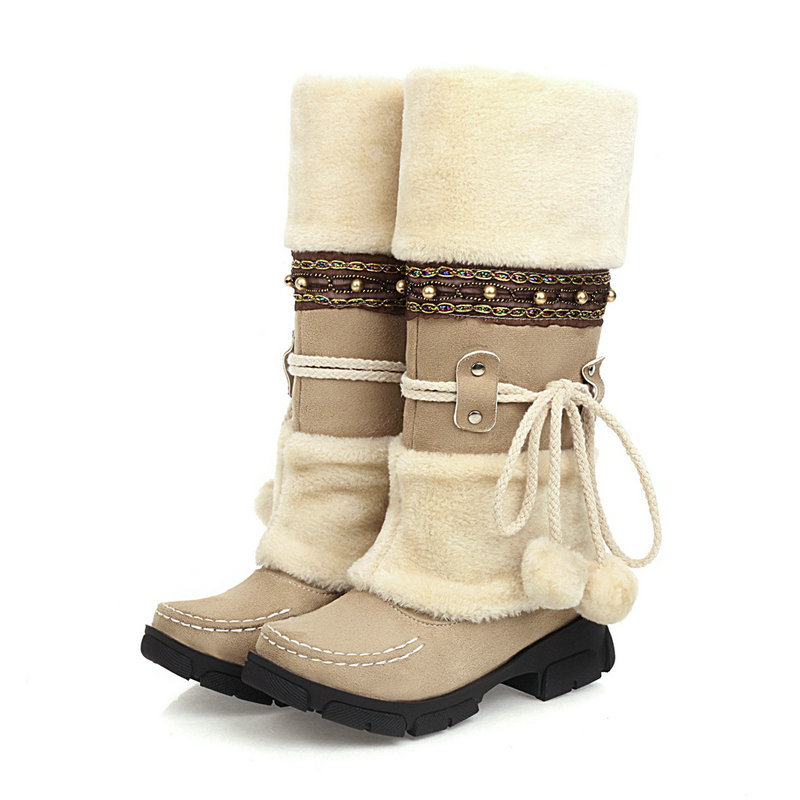 Beige Winter Middle Heel Cotton Boots Wool Ball High Tube Warm Boots Knight Snow Boots