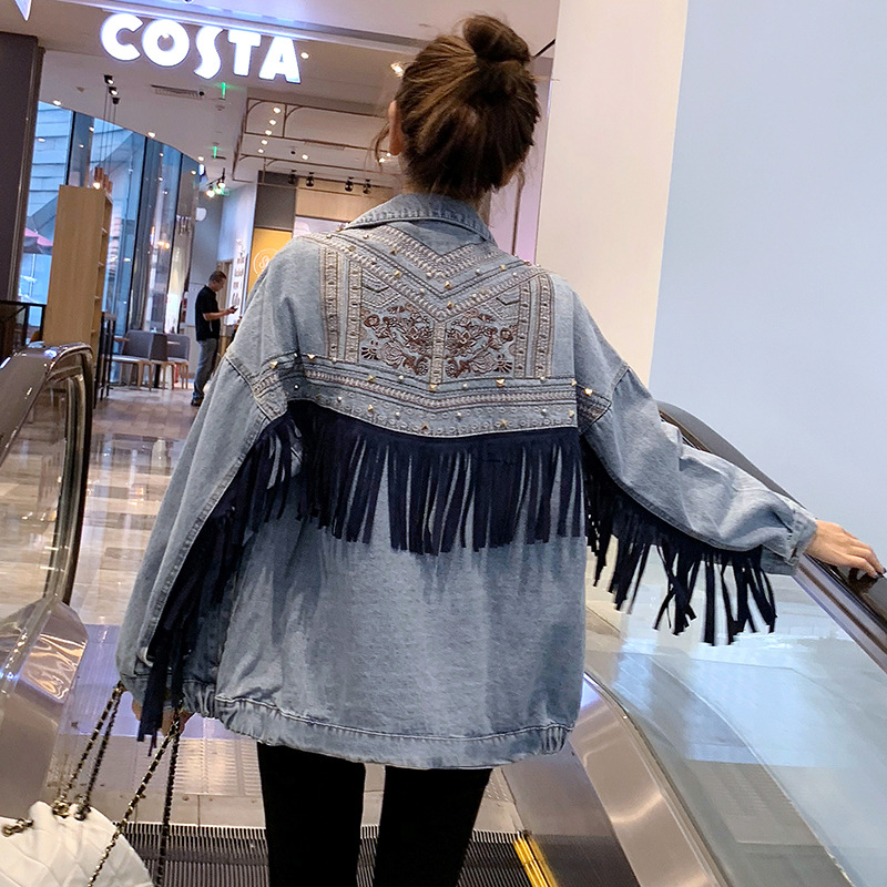 Light Blue Spring And Autumn Embroidery Tassel Loose Casual Denim Coat