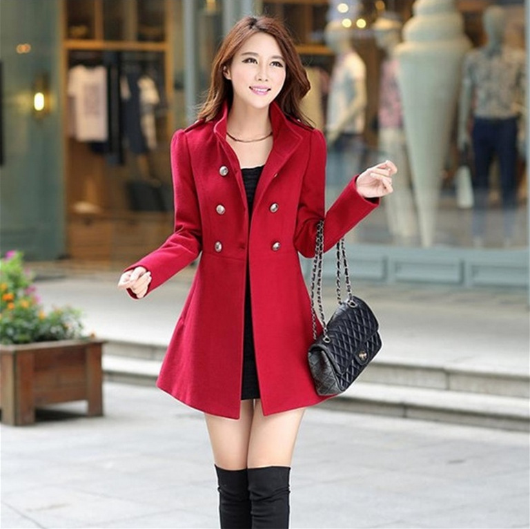Red Autumn And Winter Woolen Windbreaker Medium Length Coat