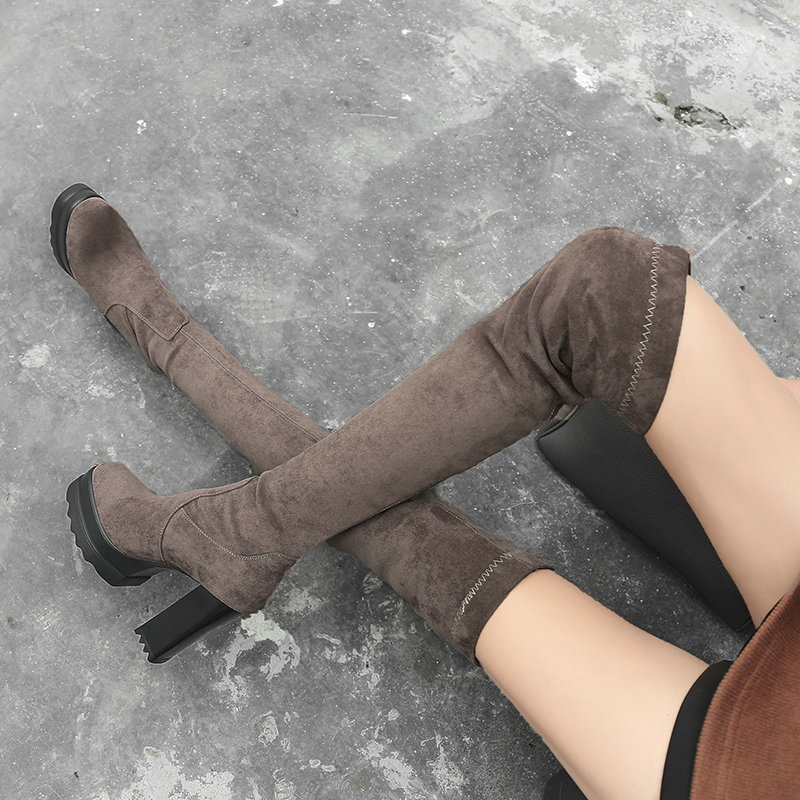 Khaki Winter Fashion Thick Heel Thick Sole Super High Heel Knee High Boots