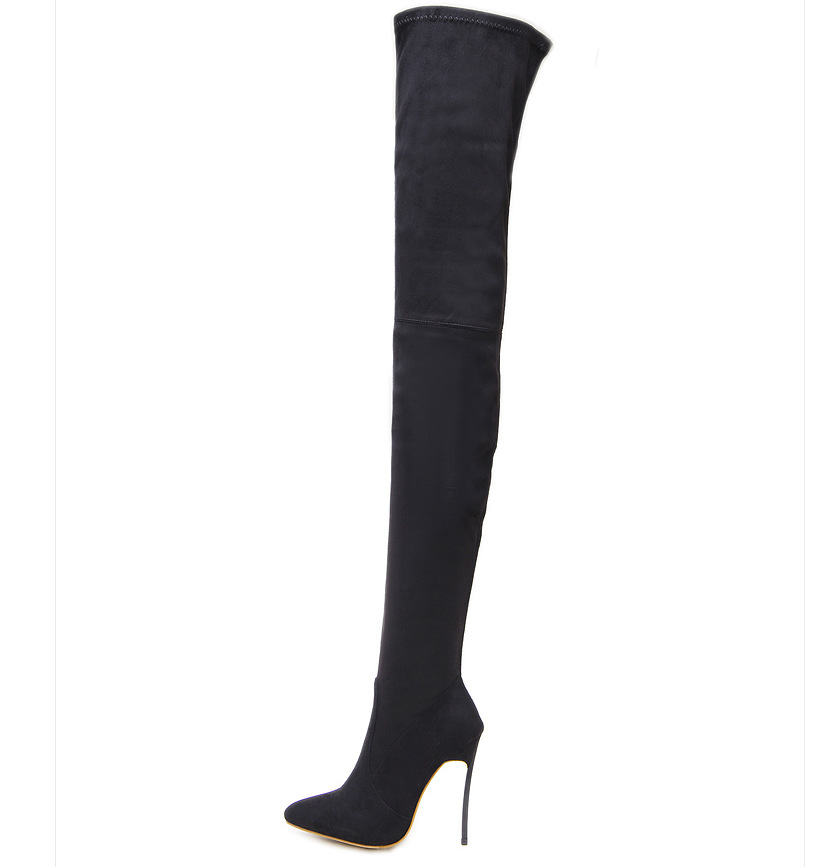 Black Thin High Heel Pointed Suede Long Tube Knee High Women's Boots