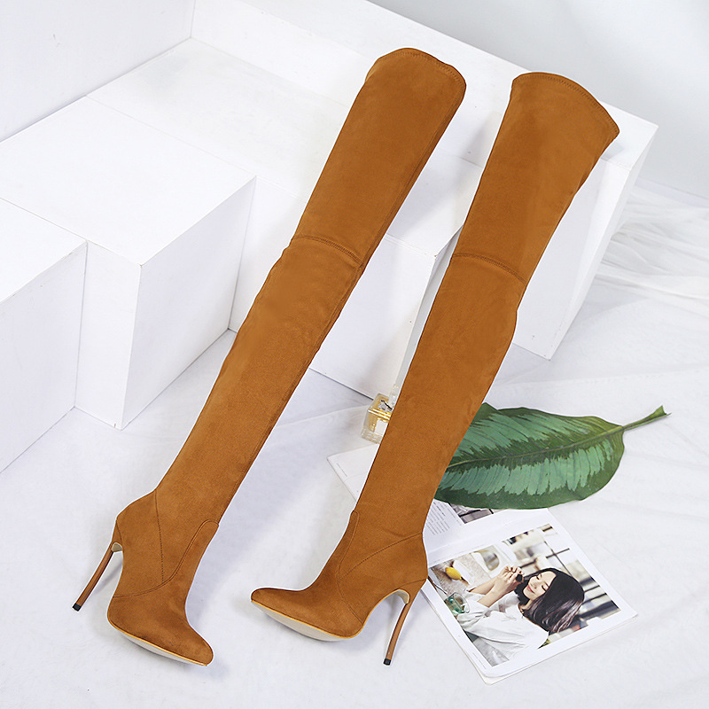Brown Thin High Heel Pointed Suede Long Tube Knee High Women's Boots