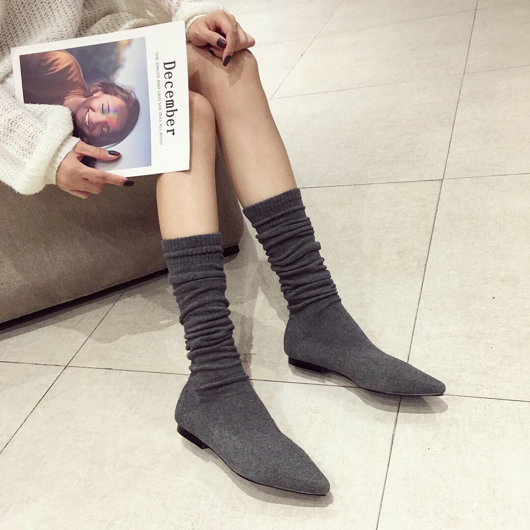 Winter Flat Bottomed Boots Knitted Wool Socks Pointed Elastic Gray Fashion Boots