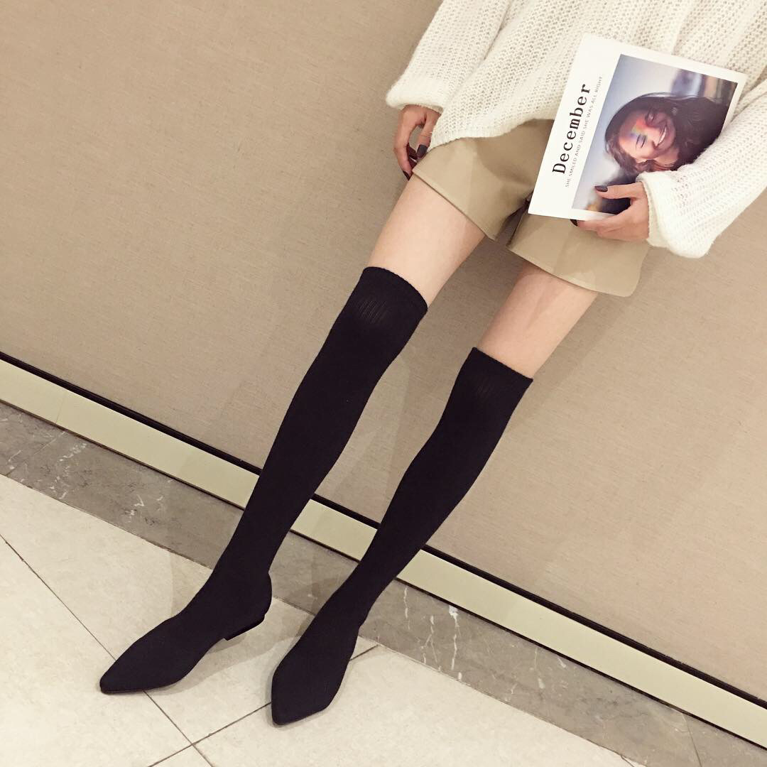 Black Winter Flat Bottomed Boots Knitted Wool Socks Pointed Elastic Fashion Boots