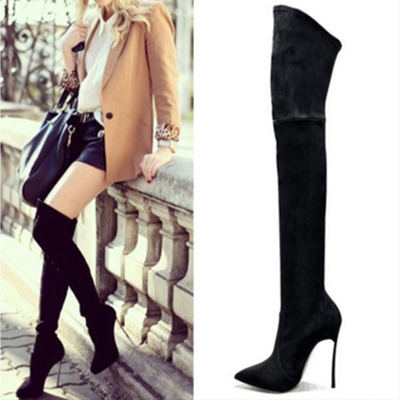 Black Autumn And Winter Boots Elastic Knee High Pointed Heel Women's Boots