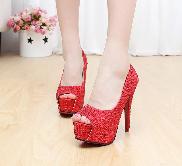 Crystal Wedding Shoes High Heel Waterproof Platform Rhinestone Banquet Shoes Red(14cm)