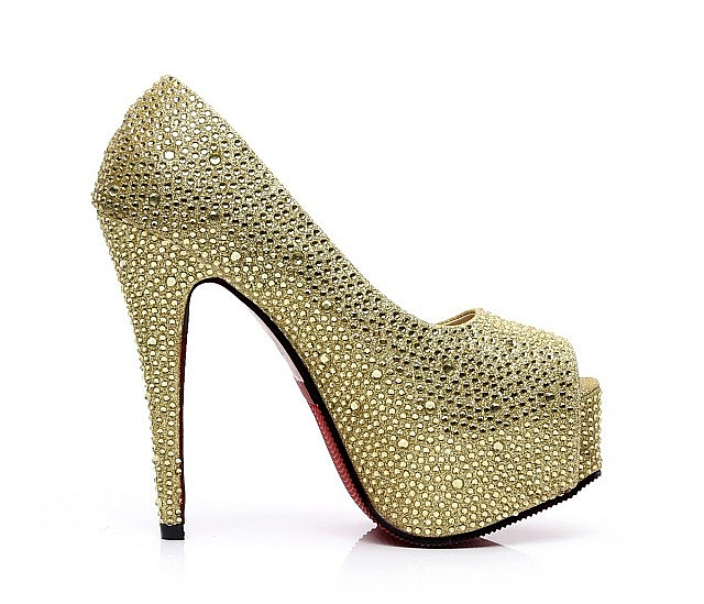 Crystal Wedding Shoes High Heel Waterproof Platform Rhinestone Banquet Shoes Golden(14cm)