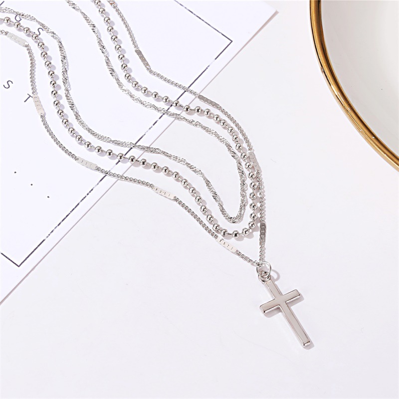 Silvery Simple Multi-layer Cross Three-layer Clavicle Chain