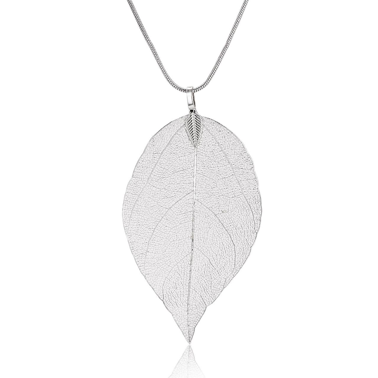 Silvery Leaf Specimen Long Necklace Leaf Sweater Chain