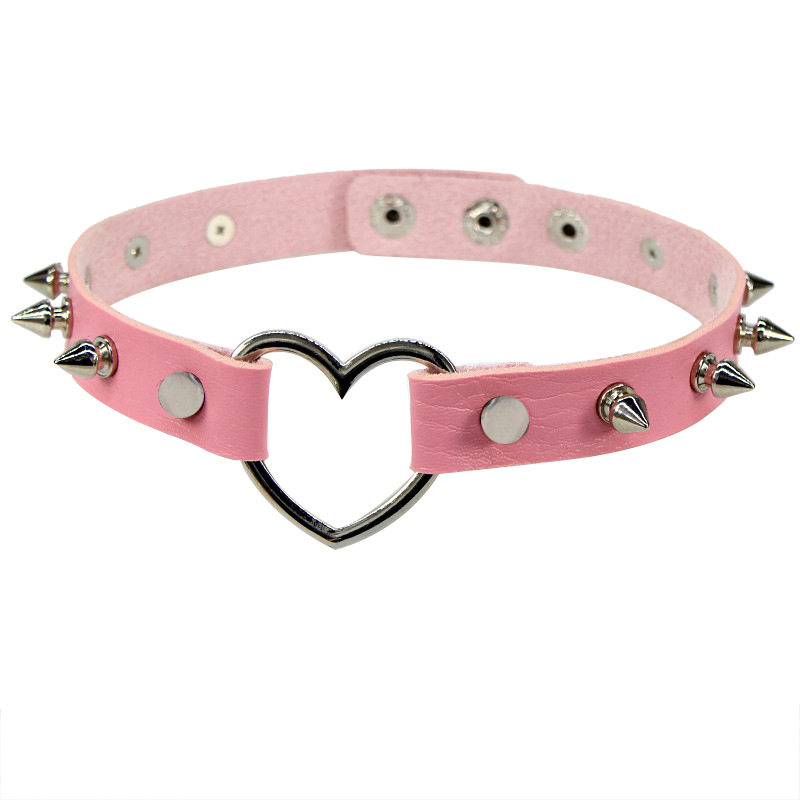 Pink Pointed Rivet Leather Collar Peach Heart Love Collar
