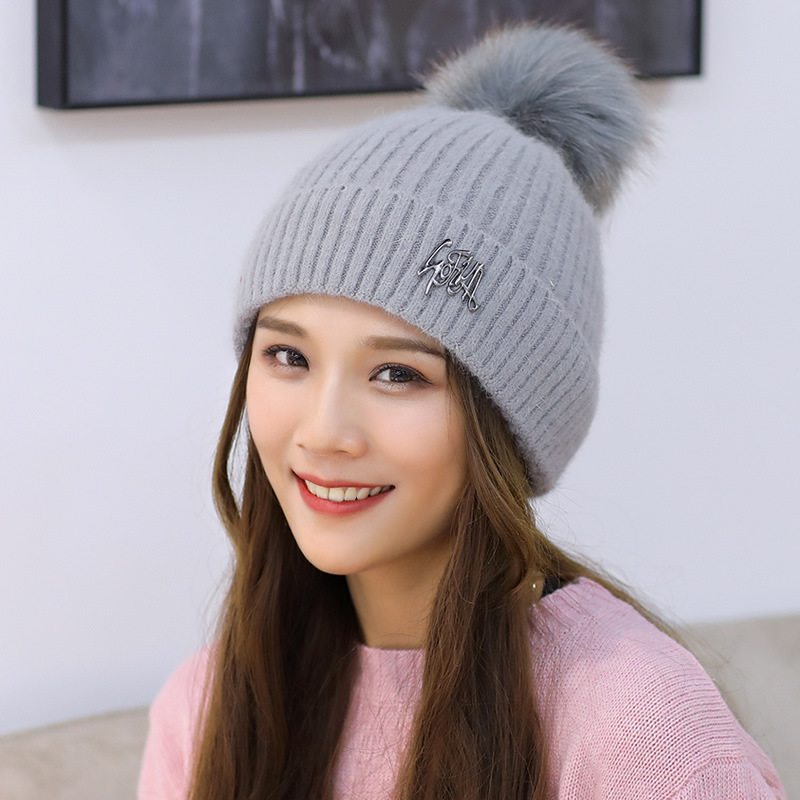 Gray Autumn And Winter Plush Ear Protection Knitted Hat