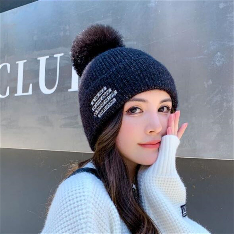 Navy Blue Plush Thickened Warm Letter Knitted Wool Hat