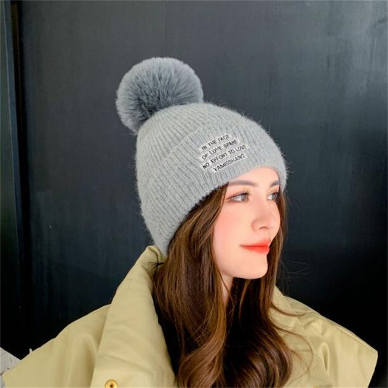 Gray Plush Thickened Warm Letter Knitted Wool Hat