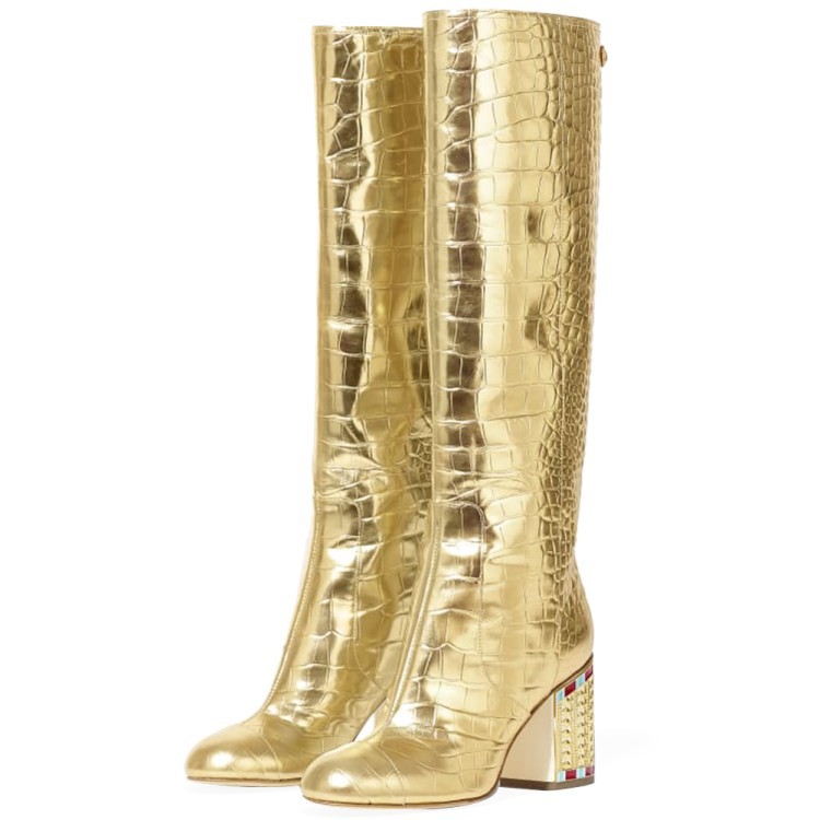 Gold plated fashion crocodile Rhinestone heel women's Boots