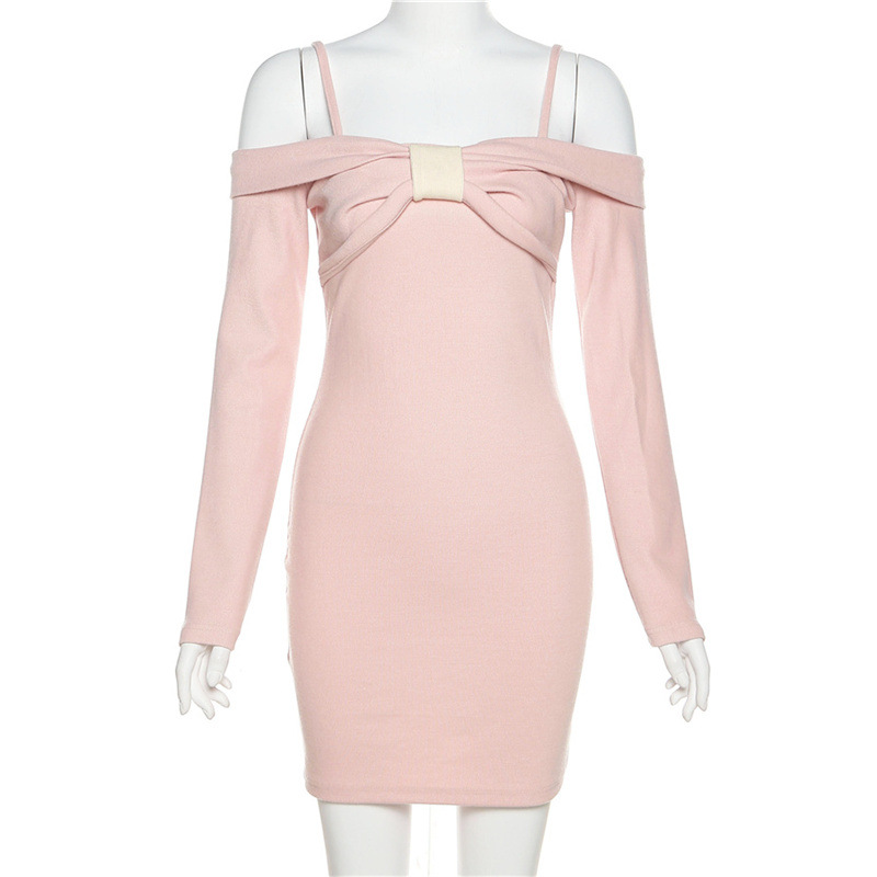 Pink Slim Fit Fashion Straight Neck Suspender Long Sleeve Dress