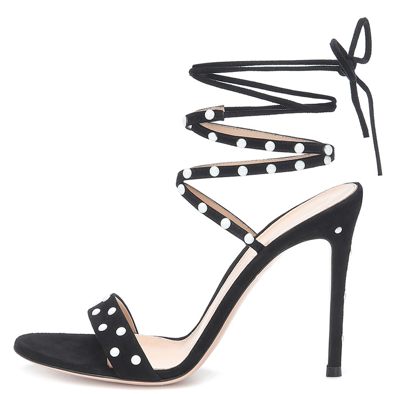 Pearl Strap Design High-heeled Sandals Open Toe Open Heel Sexy Black Sandals