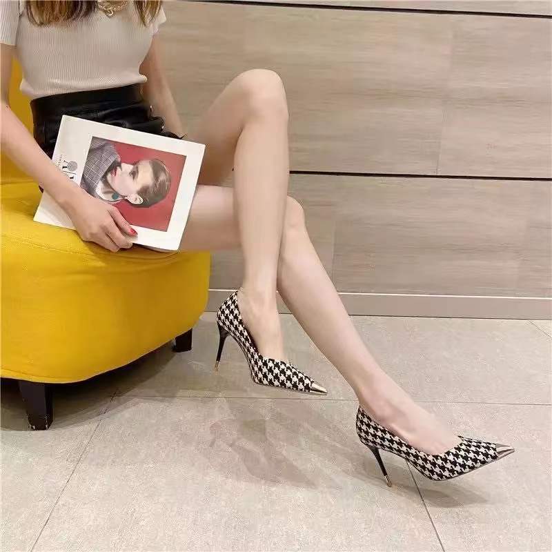 High Heel Brand Stiletto Houndstooth Color Wedding Pumps Luxury High Heels Party Casual Shoes