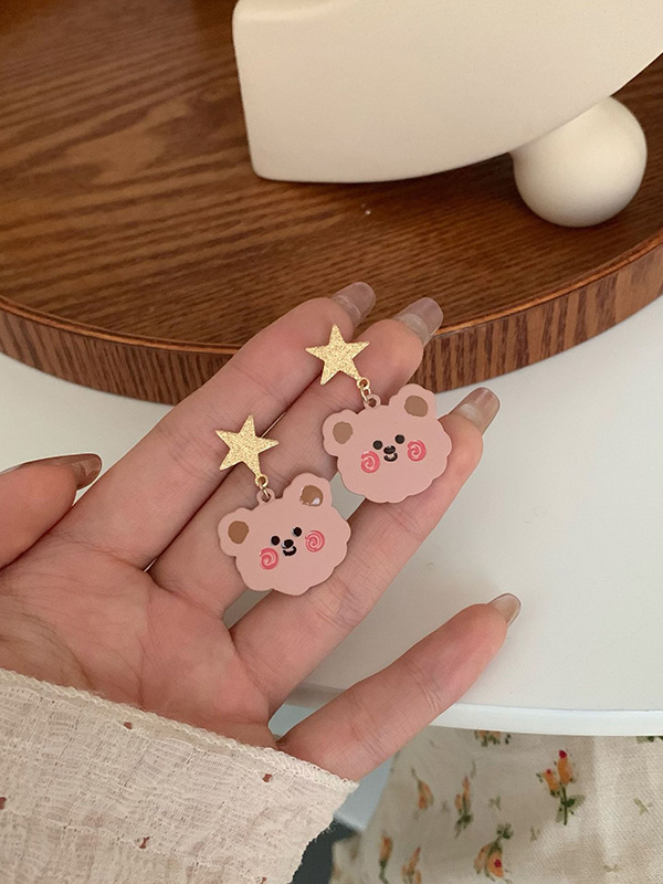 Sweet Pink Bear And Star Shape Earrings Accessories