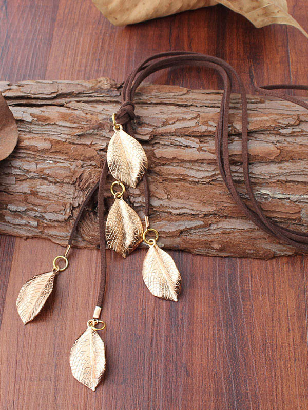 Vintage Alloy Multi-Leaf Velour Leather Rope Necklace