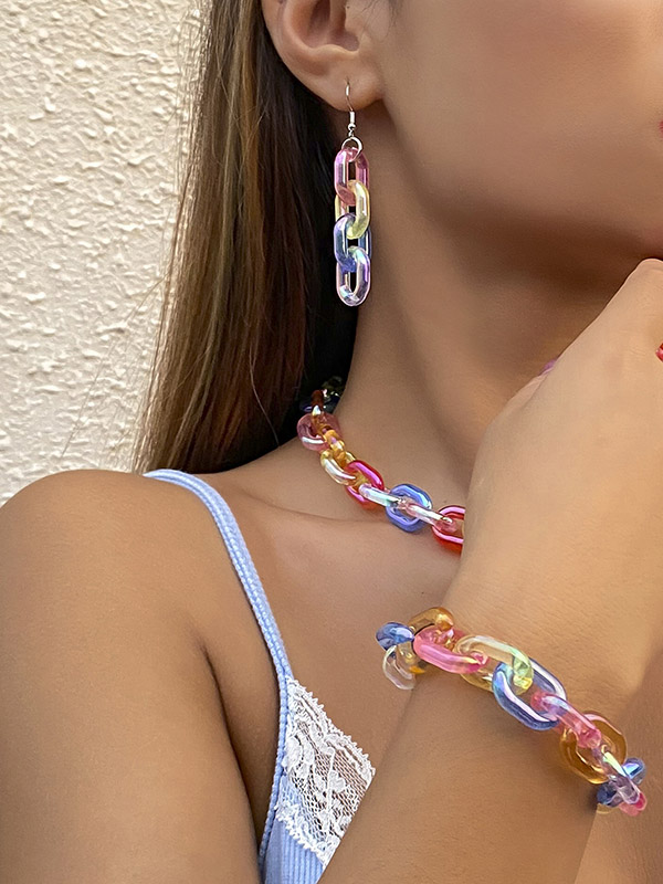 Stylish Multi-colored Acrylic Earrings Necklace Bracelet Three Pieces Set