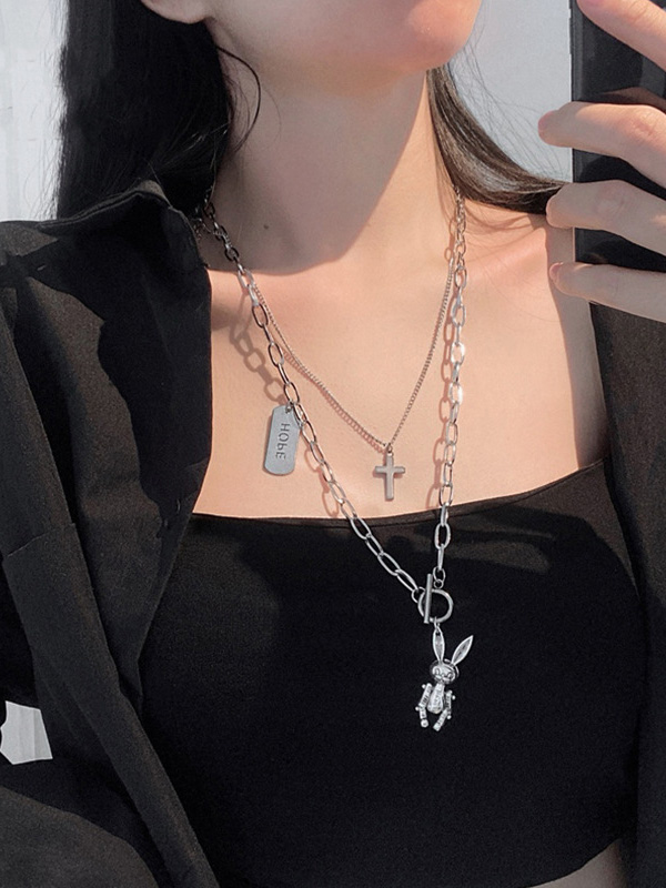 Cool Chic Alloy Chain Rabbit Cross Pendant Necklace