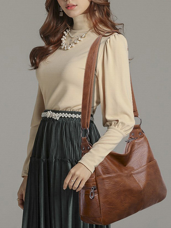 Brown Vintage Solid Color Split-joint Leather Shoulder Bag