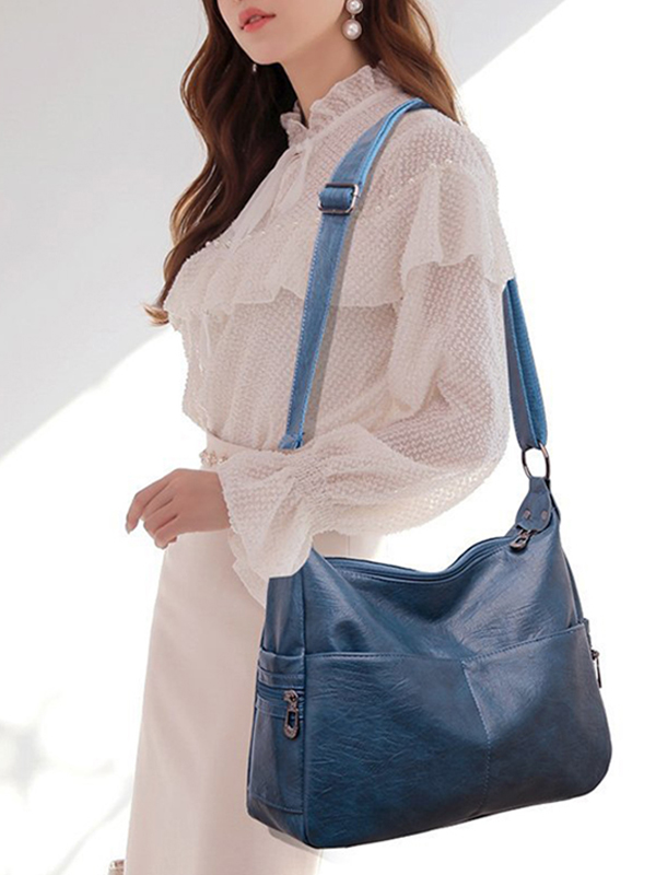 Blue Vintage Solid Color Split-joint Leather Shoulder Bag