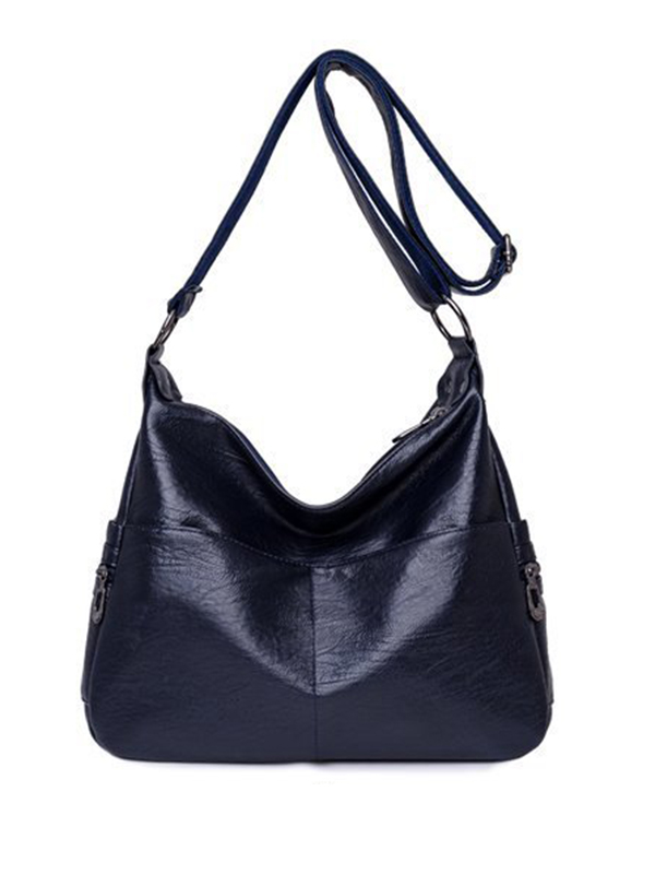 Dark Blue Vintage Solid Color Split-joint Leather Shoulder Bag