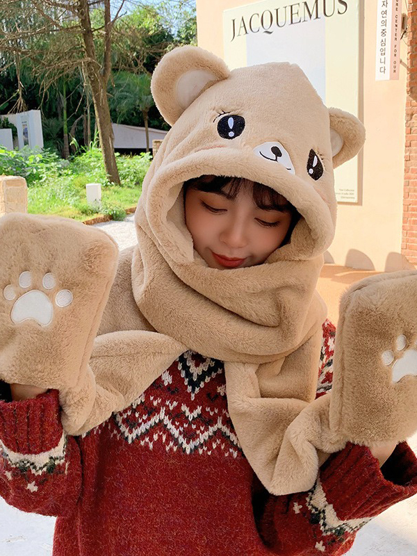Khaki Urban Faux Fur Keep Warm Embroidered Bear Hat Scarf