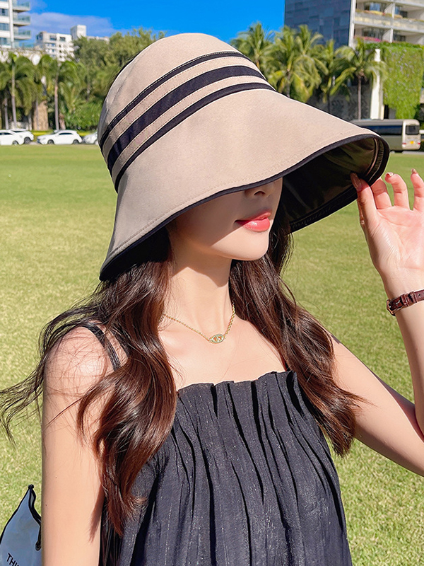 Khaki Going Out Contrast Color Striped Sun Hat