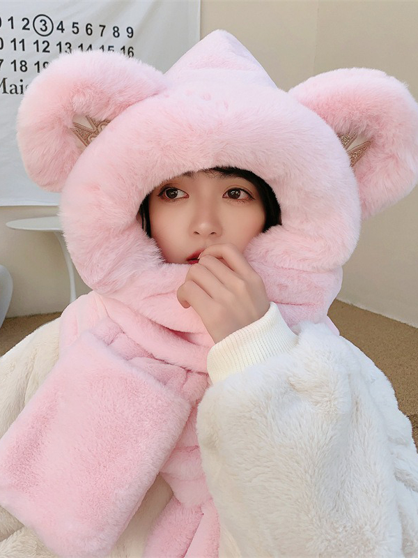 Pink Casual Cute Winter Keep Warm Faux Fur Bear Scarf&hat